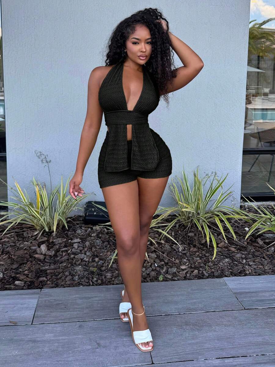 Alexandranx Women's Fashion Vacation Halter Top & Shorts 2 Pieces Set No Chest Padding Black - Black - View 1