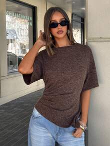 Aloruh Women's Casual Versatile Coffee Brown T-Shirt, Autumn T-Shirt, Round Neck T-Shirt, Waist-Cinching Asymmetrical T-Shirt Brunch Tops Going Out Tops - Rust Brown - View 8