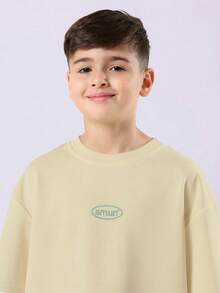 SUMWON Oversized Tween Boys Casual Coordinated T-Shirt And Trackpant Set With Logo Print Everyday Wear - Beige - View 5