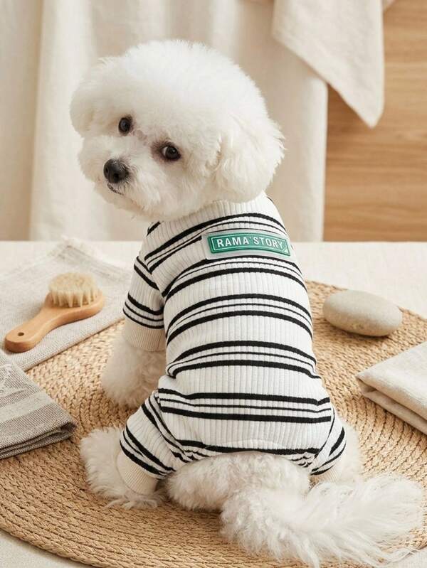 PETSIN 1 buah Jumpsuit Pakaian Rumah Nyaman Bergaris Hitam Putih untuk Hewan Peliharaan Berkaki Empat, Piyama Kasual Universal untuk Kucing dan Anjing, Dapat Dipakai Sepanjang Tahun