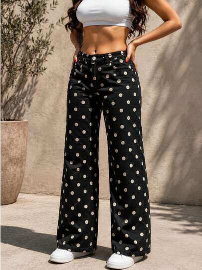 Pantalón Wide Leg Para Mujer Estampado Polka Dots Con Bolsillos Negro Tela Suave Ajuste Cómodo