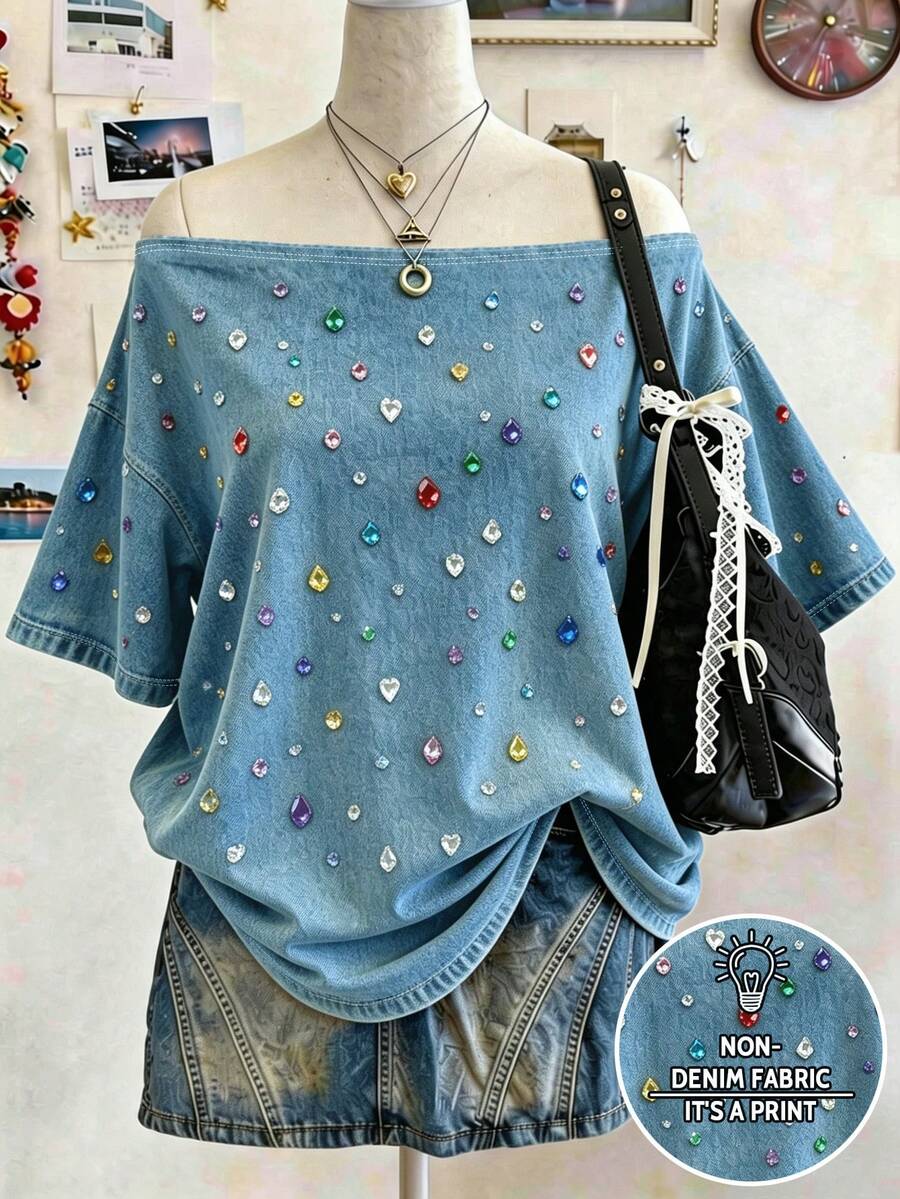 Lalippa 女款外穿上衣 夏季新款露肩短袖 T-shirt,攝影街頭風約會穿搭,圖案設計,藍色,戶外穿搭,露肩中長袖上衣 - 彩色 - 查看 1