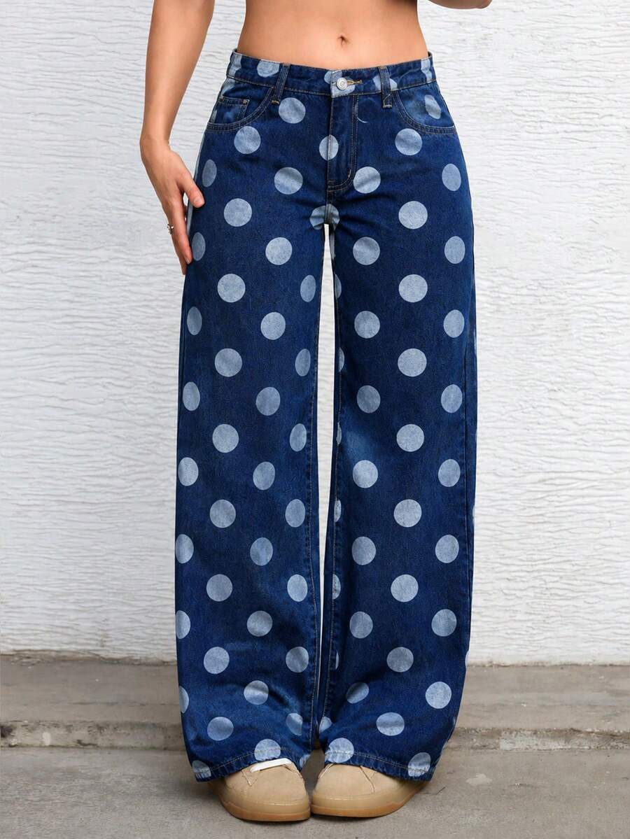 SHEIN ICON 女款時尚波點印花鈕扣口袋寬鬆牛仔褲 - 藍色 - 查看 1