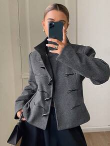 DAZY Solid Color Fitted Waist Horn Button High Neck Wide Long Sleeve Elegant Formal Holiday Autumn/Winter Overcoat Women's - Grey - View 4