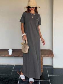 FRIFUL Women Brown Long Embroidered Pattern Dress, Summer Maxi Dress - Light Grey - View 3