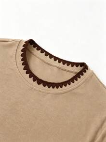 INAWLY Women's Light Coffee Color Fitted Round Neck T-Shirt Fashion Shell Lace Trim Short Sleeve T-Shirt Top - Multicolor - View 5