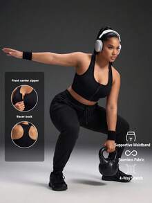 Powerista Women's Plus Size Solid Color Racerback Sports Bra Front-Opening Zipper For Sports, Fitness, Running, And Leisure Black Workout All Seasons  Going Out - Black - View 3