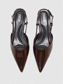 CUCCOO BIZCHIC Women Shoes Spring And Summer New Models, Patent Leather Pointed Slingback Shoes, Buckle Low-Heeled Cat And Sandals, Retro Commuting Style - Black - View 3