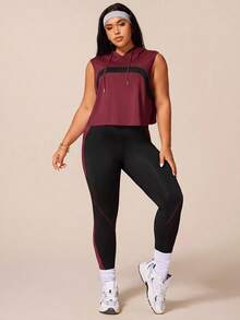 SHEIN Rhythm Era 女款運動瑜珈戶外健身運動套裝，抽繩連帽寬鬆運動衫搭配弧形拼色胸前設計，緊身運動褲搭配線條與拼色對比設計 - 酒紅色 - 查看 8