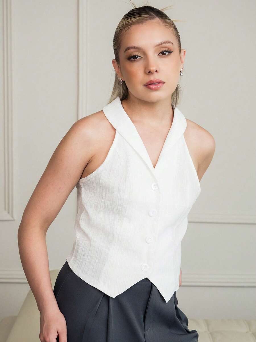 Ximena Robles Ximena Robles 女款紋理薄紗翻領無袖開襟襯衫 夏季 - 藍白色 - 查看 1