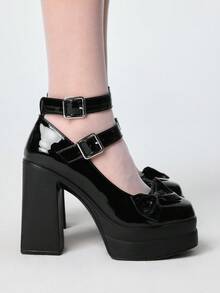 ROMWE Women Shoes Fashion Sexy Platform High Heels Shoes Punk Gothic Double Buckle Bow Party - Black - View 5