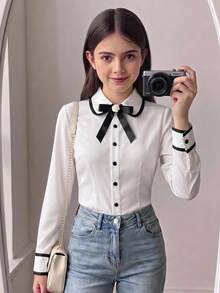 SHEIN Tween女孩 3D蝴蝶結裝飾單排扣百褶襯衫 - 彩色 - 查看 10