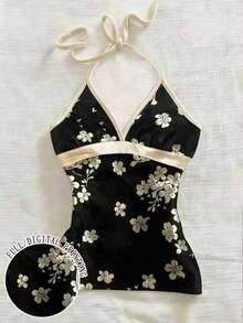 IslaSuriya Women's Elegant Floral Print Spaghetti Strap Camisole For Summer - White - View 1