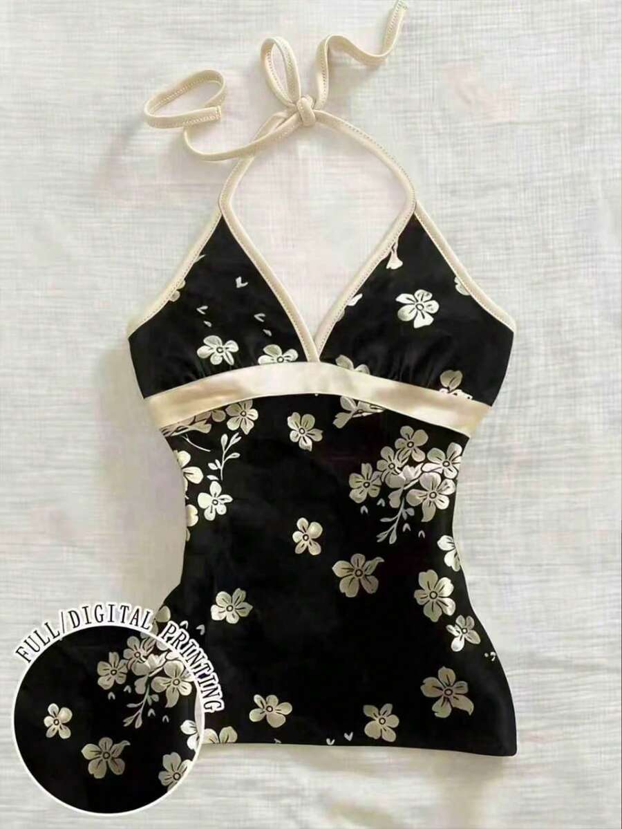 IslaSuriya Women's Elegant Floral Print Spaghetti Strap Camisole For Summer - White - View 1
