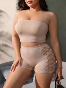 SHEIN 無縫大尺碼女款內衣套裝 2件組 - 杏色 - 查看 6