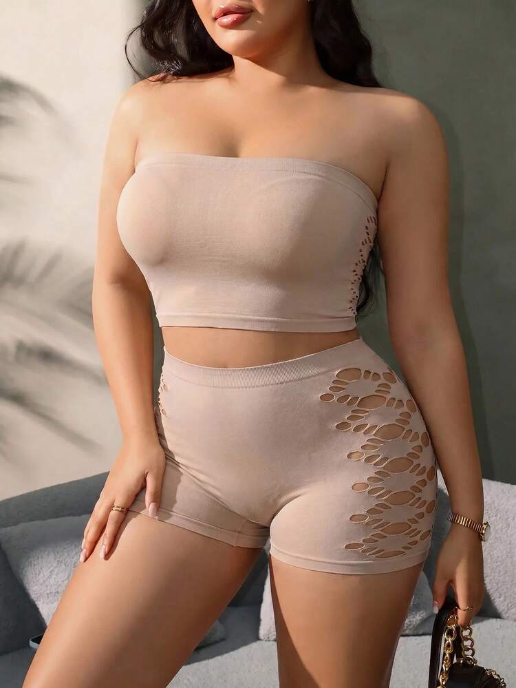 SHEIN Seamless Plus Size Women's Underwear Set 2pcs - Apricot - View 6