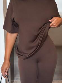 Alexandranx Women's Summer Casual Solid Color Short Sleeve Top And Shorts Set Elegant - Coffee Brown - View 6