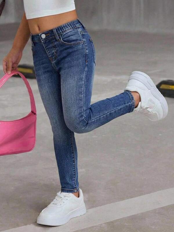Jeans Skinny de Mezclilla Azul Básico con Desgaste Y2K de Alta Elasticidad para Niña Joven, Otoño/Invierno, Ropa de Regreso a la Escuela para Niñas, Jeans para Niños Pequeños, Atuendos de Halloween