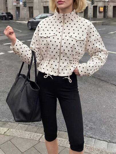 Struktiv Jaket Tipis Wanita Kasual Musim Semi/Panas Motif Polkadot Hitam Putih dengan Dekorasi Saku dan Penutup, Pinggang Terikat, Bahu Longgar, Potongan Lepas, Cocok untuk Bepergian, Berpergian, dan Berbelanja