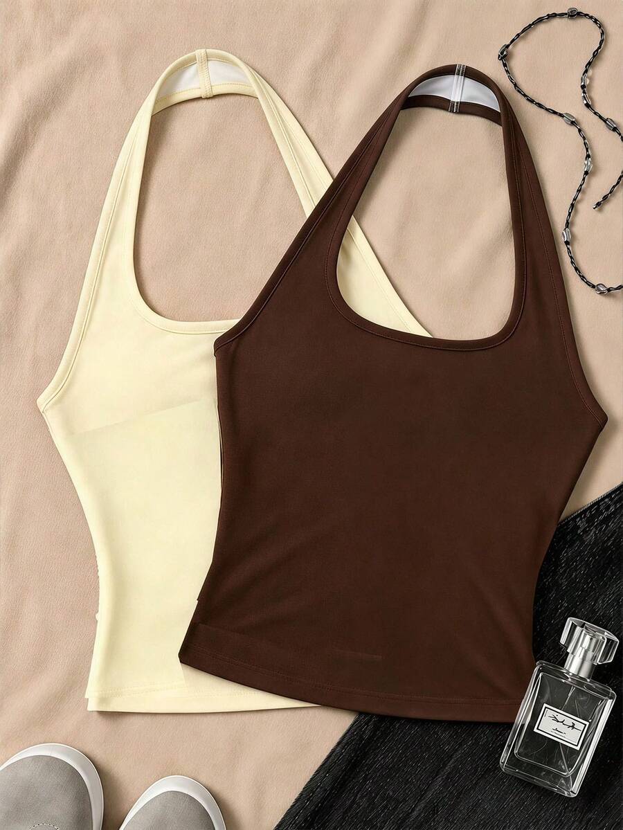 Tween Girl Tween Girl Solid Color Fitted Casual Modest Halter Tank Top Pcs Outing Office Butter Yellow Brown Summer - Multicolor - View 1