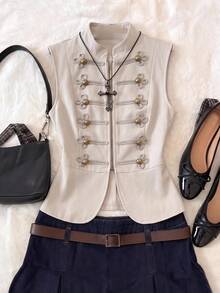 Attitoon Y2K Napoleon Fashion Vintage-Style Woven Buttons Button Decor Vest - Apricot - View 2