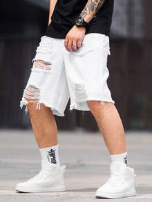 Manfinity LEGND Men Casual Summer Solid Color Ripped Denim Shorts Jorts - White - View 5