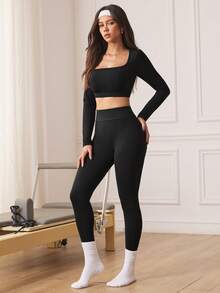 SHEIN Sports Women's Square Neck Sexy Casual Minimalist Energetic Sporty Outfit - Black - View 3