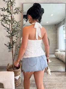 Dayanna Comas Atasan Wanita Elegan dengan Kerah Tegak dan Trim Ruffle Berlapis-lapis, Atasan Kasual Musim Panas - Putih - View 2