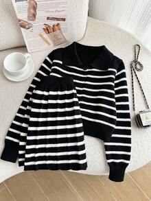 SHEIN Girls' Autumn/Winter Fashion Striped Knit Sweater Long Sleeve Cardigan & Black Skirt Set Pullover - Black - View 5