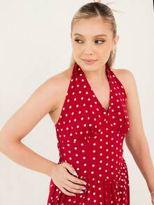 Ximena Robles Ximena Robles Women Summer Casual Holiday Polka Dot Print Halter Backless Dress Vacation Party Elegant - Red and White - View 3