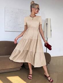 SHEIN 孕婦夏季休閒純色短袖洋裝 - 卡其色 - 查看 10