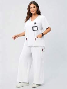 TaskEZ Women's Plus Size Surgical Gown Top And Pants Loose Two Pieces Set - White - View 6