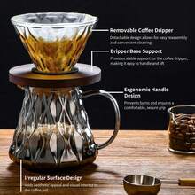 1PC/Pour Over Coffee Dripper Set With Glass Server & Wooden Base, Heat Resistant Borosilicate Glass Filter For Manual Brewing, Elegant Swirl Design, Perfect For Home Barista Or Gift. - Coffee Filter - View 3