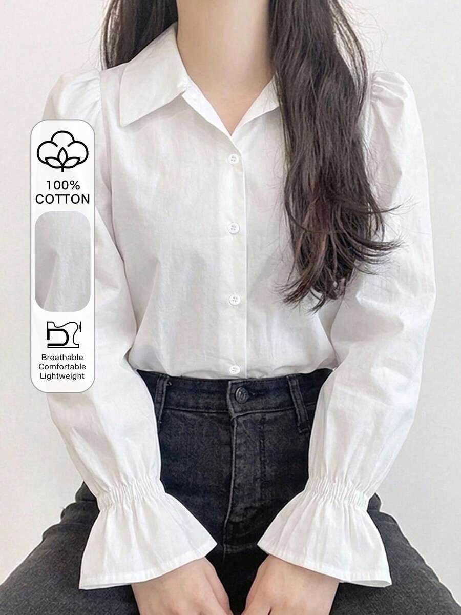 DAZY 女款領條紋短袖燈籠袖寬鬆襯衫 春夏秋季 - 白色 - 查看 1