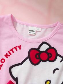 HELLO KITTY AND FRIENDS | SHEIN 女童字母卡通印花蝴蝶結裝飾網紗拼接休閒夏季洋裝 - 粉色 - 查看 5