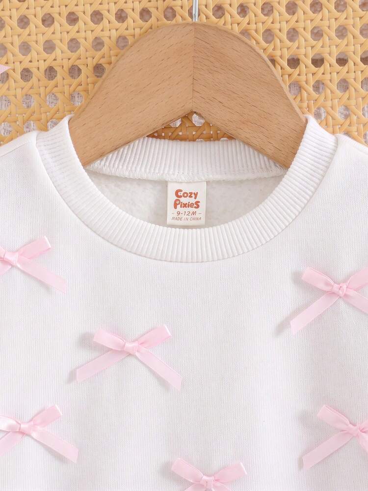 Cozy Pixies Baby Girl Baby Girl Casual Cute Sweet Round Neck Pink Loose Sweatshirt With Bow - White - View 3