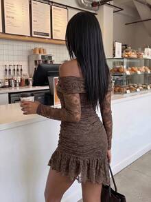 FavEase Women's Casual Sexy Sheer Knit Jacquard Dress. Suitable For Parties. - Brown - View 2