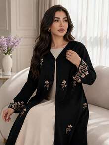 Al Najma Plus Size Women's Floral Embroidered Cuff Loose Fit Abaya Wedding Summer Modest Asian Chinese - Black - View 5