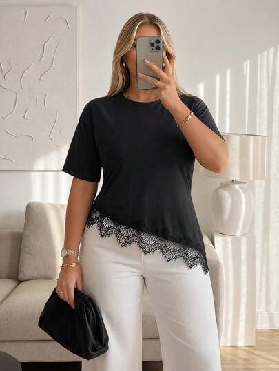 Auralis Plus Size Women's Solid Color Round Neck Short Sleeve Contrast Lace Asymmetric Hem T-Shirt Birthday Bussines Formal Casual Elegant Black Summer