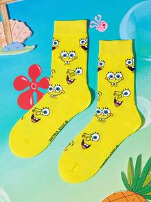 SpongeBob SquarePants | SHEIN 1雙女款卡通角色與字母圖案拼色中筒襪 - 黃色 - 查看 2