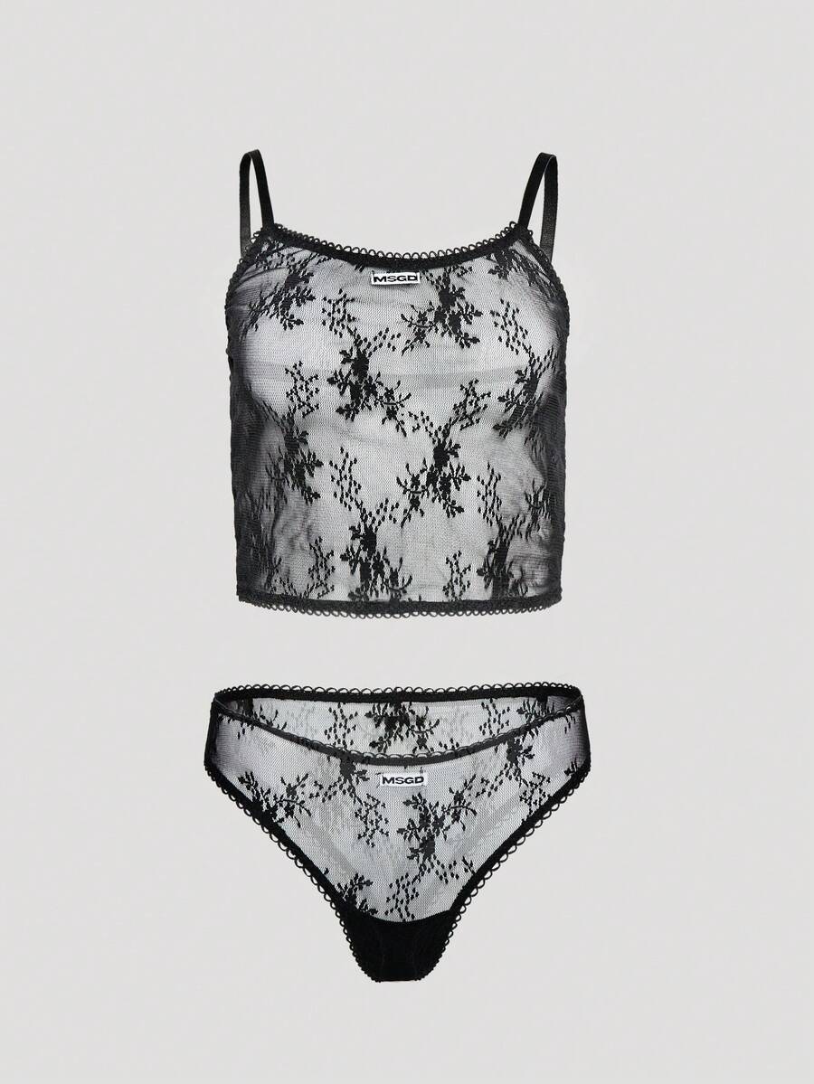 MISSGUIDED MSGD 透視蕾絲內衣褲套裝,花卉刺繡波浪飾邊與 Logo 細節內衣 - 黑色 - 查看 1