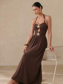 Swim Oasis Vintage Dark Brown Halter Maxi Dress, Starfish Decor + Hollow Out Design, Ruched Waist + Flared Hem, Beach Vacation Style, Atmospheric, Comfortable, Versatile And Slimming - Brown - View 1