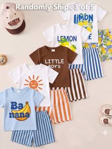 Randomly Ships 3 Of 5,Letter Print Crew Neck Short Sleeve Top And Matching Print Shorts Outfit Set For Outdoor Activities,School Clothes - Multicolor - View 1
