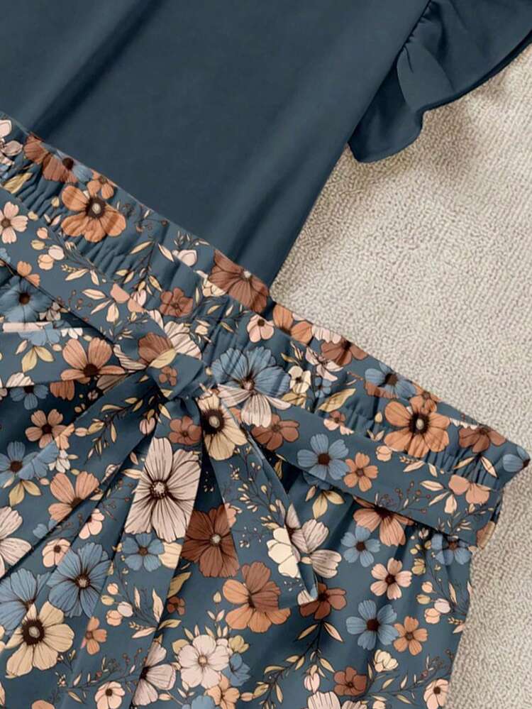 SHEIN LUNE Elegant Casual Boho Solid Color Ruffle Top And Printed Shorts Two Pieces Set Summer Vacation Navy Blue Blue Floral Floral Vacation - Multicolor - View 4