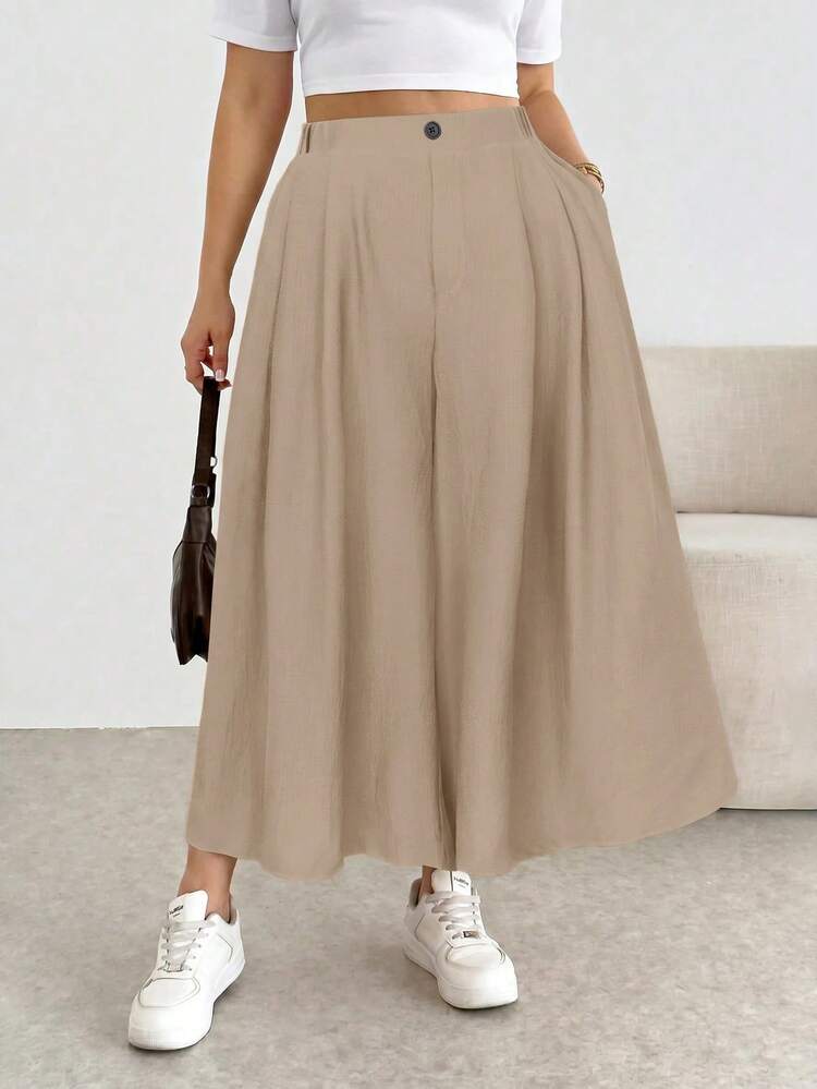 Shapeblank Pantalones de pierna ancha de unicolor con bolsillos, casuales y versátiles para uso diario, para mujeres de talla grande - Albaricoque - Añade 4