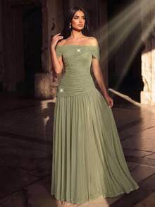 Aureia Elegant Luxurious Beaded Rhinestone Off-Shoulder Elastic Knit Mesh Ruched Full Skirt Evening Dress Suitable For Wedding Events, Bachelorette Party, Vacation, Gathering, Festival, Music Festival, Dinner Party (Heavy Workmanship Style) - Green - View 7