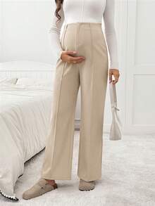 SHEIN Pantalones largos de maternidad de unicolor, casuales y versátiles para uso diario en otoño - Caqui - Ver 7