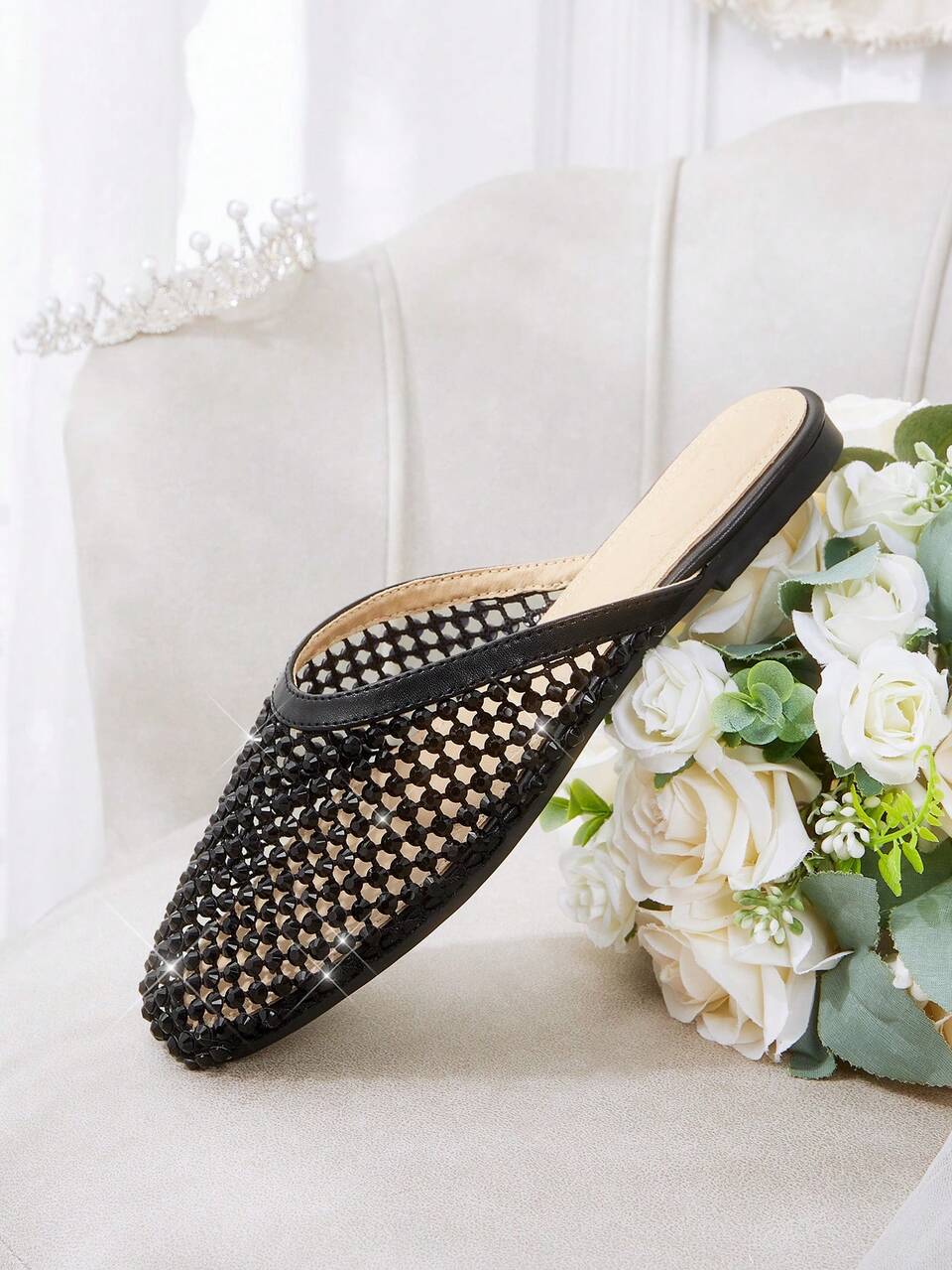 CUCCOO HITCHD Women's Square Toe Lace Splicing Rose Decoration Casual Outdoor Breathable Hollow Flats, Versatile Shoes, Ballet Flats, Mary Jane Shoes