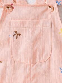 SHEIN Vintaside Kids 女嬰粉色蝴蝶結印花荷葉邊吊帶褲 2件套，附白色T恤，可愛寬鬆連身褲，幼兒嬰兒夏季套裝 - 粉色 - 查看 6