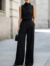 SHEIN Raffinéa Conjunto de dos piezas para mujer, elegante francés, profesional, de moda para ir a la oficina, sin mangas, cuello alto, a rayas, pierna ancha, para el trabajo de oficina, negro y blanco, de verano